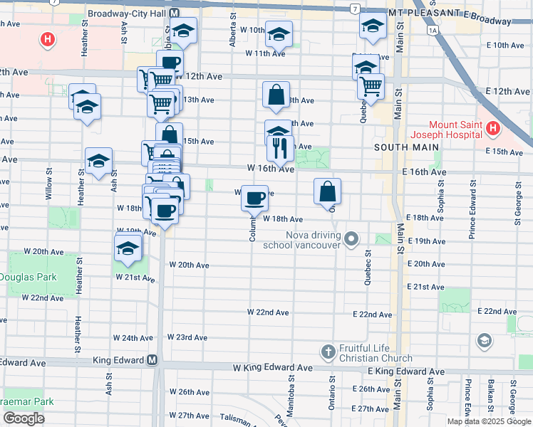 map of restaurants, bars, coffee shops, grocery stores, and more near 171 West 18th Avenue in Vancouver