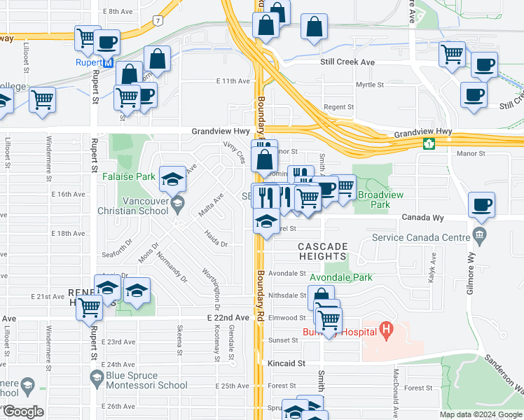 map of restaurants, bars, coffee shops, grocery stores, and more near 3204 Boundary Road in Burnaby