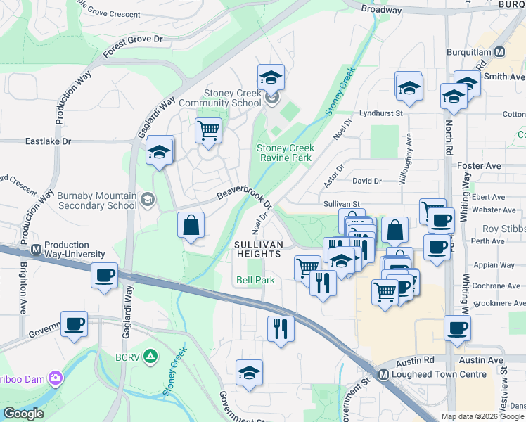 map of restaurants, bars, coffee shops, grocery stores, and more near 3201 Noel Drive in Burnaby