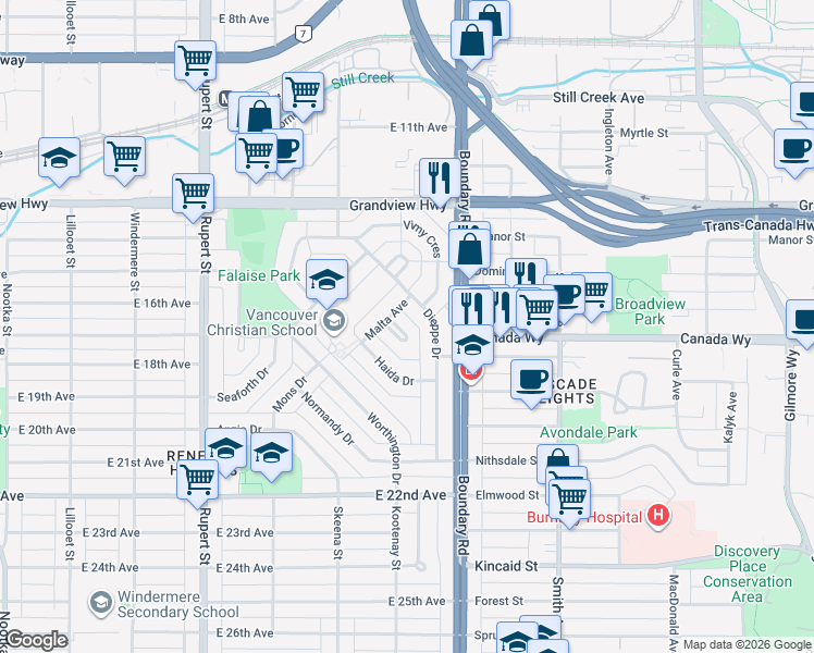 map of restaurants, bars, coffee shops, grocery stores, and more near 49 Malta Place in Vancouver
