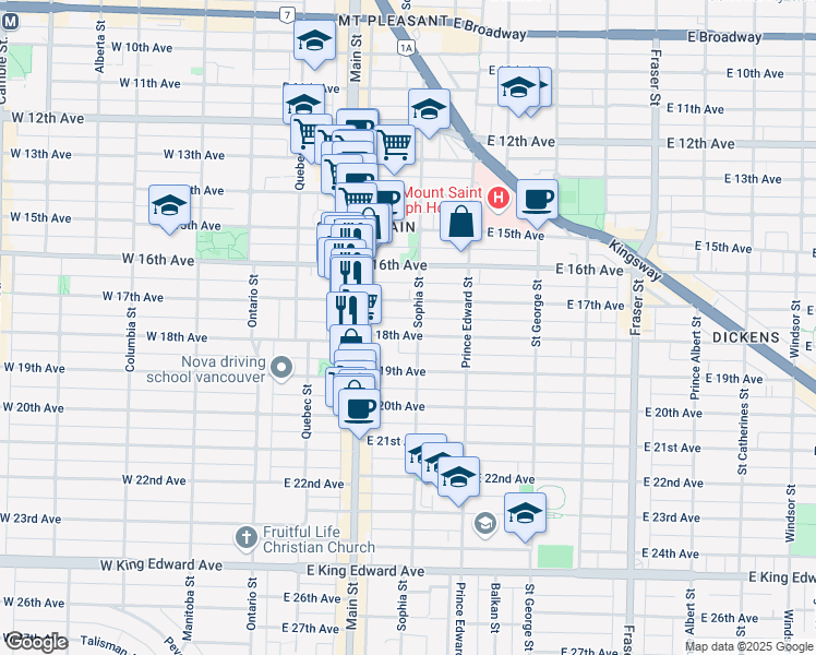 map of restaurants, bars, coffee shops, grocery stores, and more near 287 East 18th Avenue in Vancouver