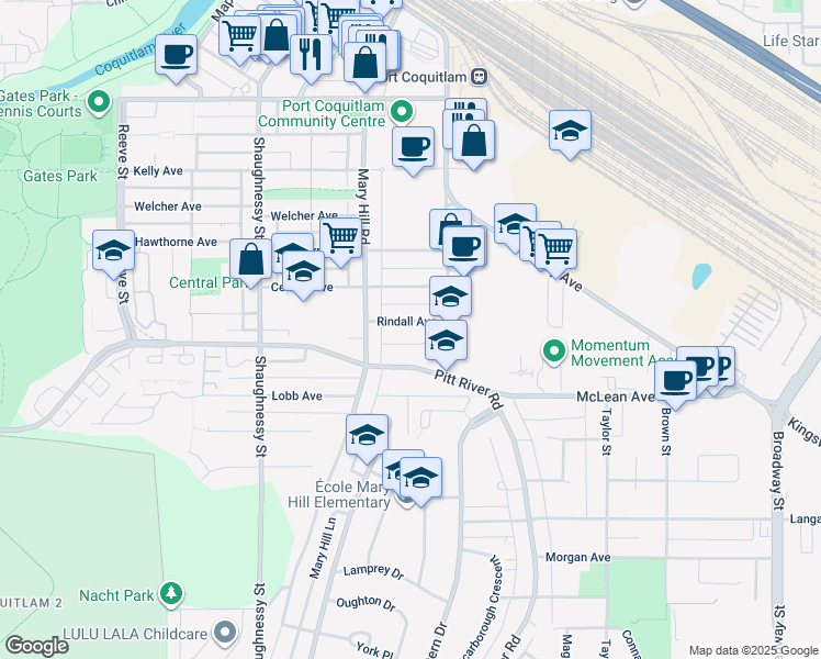 map of restaurants, bars, coffee shops, grocery stores, and more near 2150 Rindall Avenue in Port Coquitlam