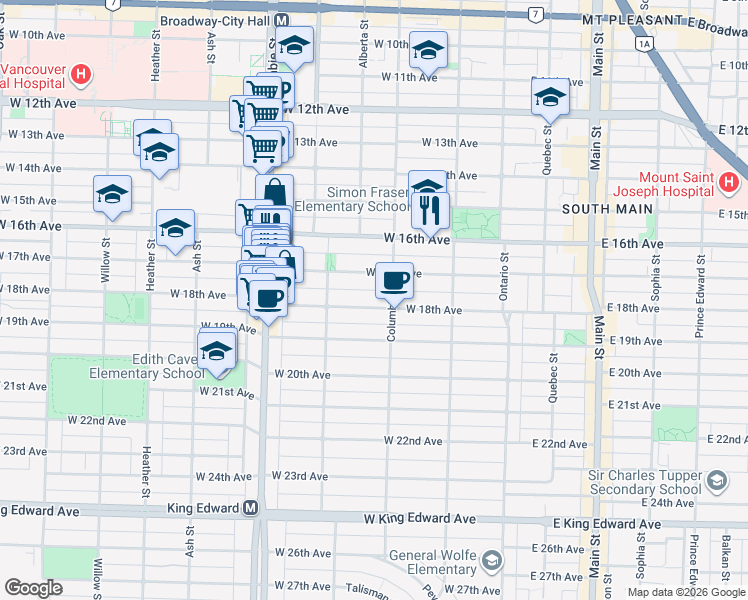 map of restaurants, bars, coffee shops, grocery stores, and more near 253 West 18th Avenue in Vancouver