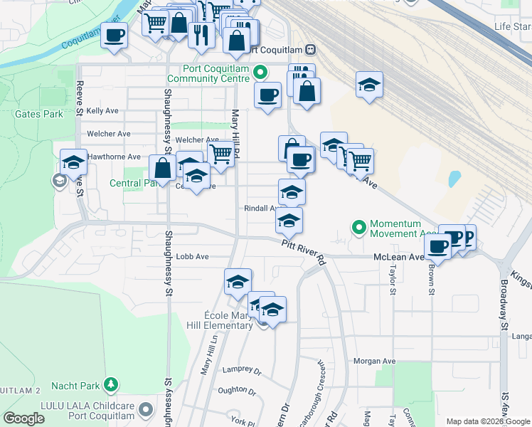 map of restaurants, bars, coffee shops, grocery stores, and more near 2150 Rindall Avenue in Port Coquitlam