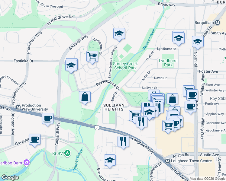map of restaurants, bars, coffee shops, grocery stores, and more near in Burnaby