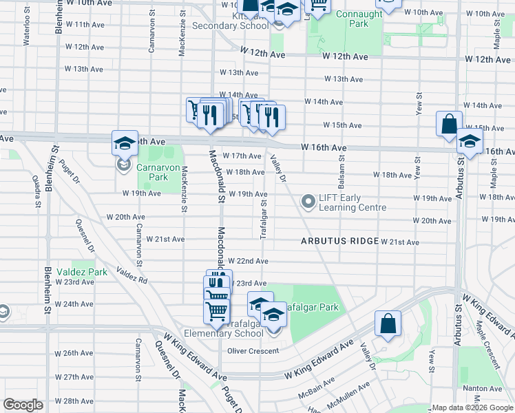 map of restaurants, bars, coffee shops, grocery stores, and more near 3555 Trafalgar Street in Vancouver