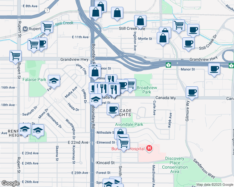 map of restaurants, bars, coffee shops, grocery stores, and more near 3255 Smith Avenue in Burnaby