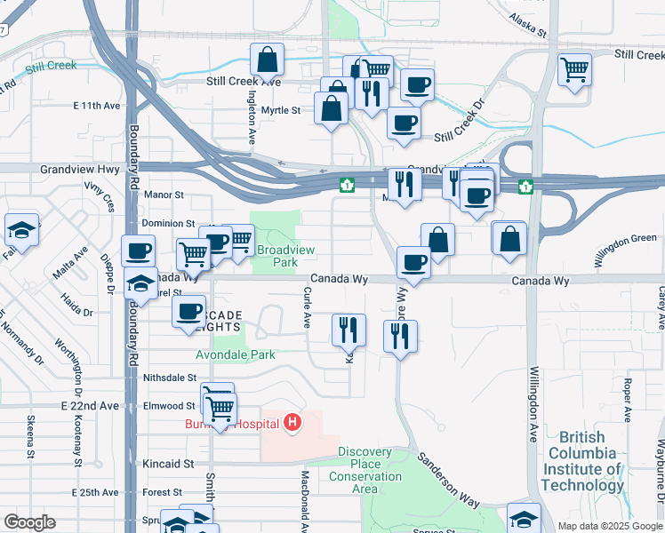 map of restaurants, bars, coffee shops, grocery stores, and more near 4106 Gilmore Avenue in Burnaby