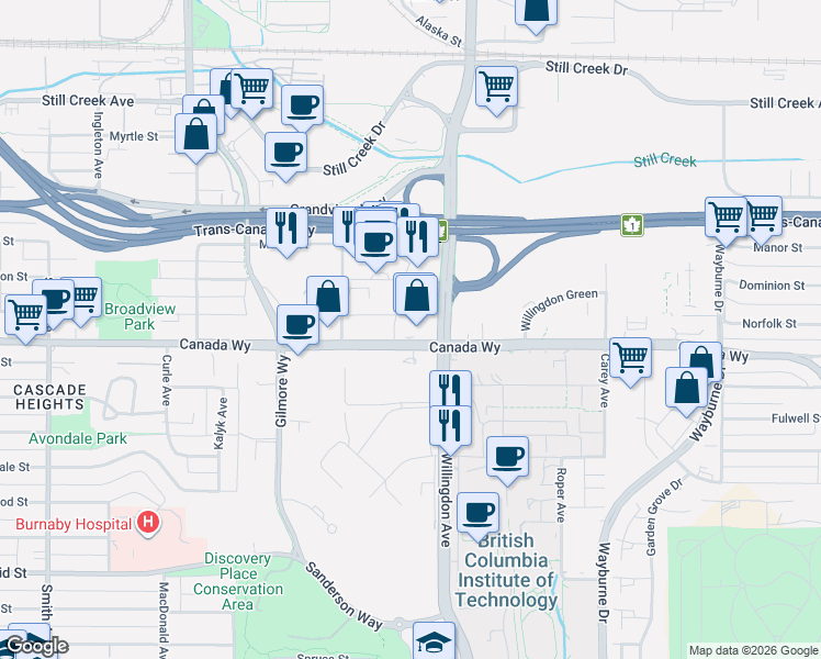map of restaurants, bars, coffee shops, grocery stores, and more near 4425 Canada Way in Burnaby