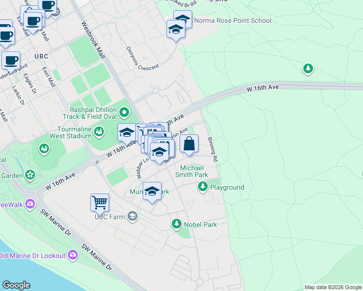map of restaurants, bars, coffee shops, grocery stores, and more near 5782 Berton Avenue in Vancouver