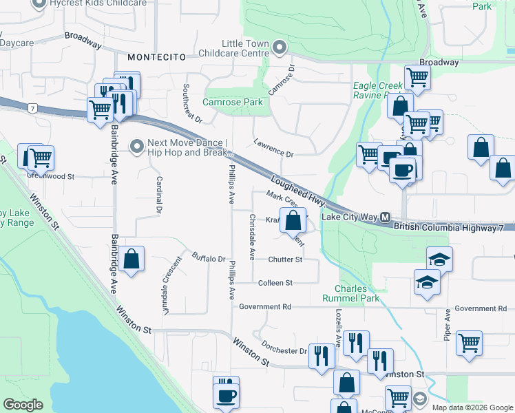 map of restaurants, bars, coffee shops, grocery stores, and more near 3150 Chrisdale Avenue in Burnaby