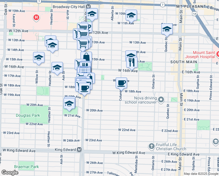 map of restaurants, bars, coffee shops, grocery stores, and more near 315 West 18th Avenue in Vancouver