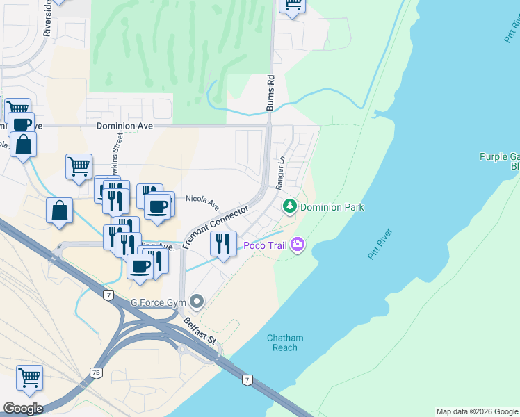 map of restaurants, bars, coffee shops, grocery stores, and more near 2325 Ranger Lane in Port Coquitlam