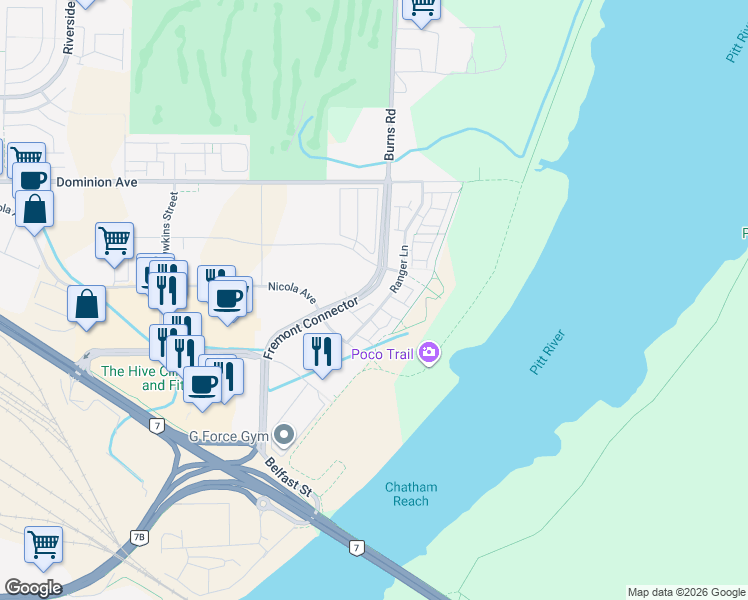 map of restaurants, bars, coffee shops, grocery stores, and more near 550 Seaborne Place in Port Coquitlam