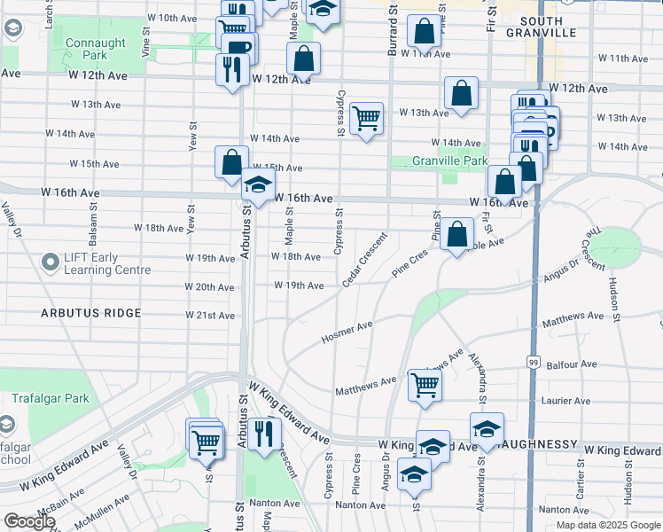 map of restaurants, bars, coffee shops, grocery stores, and more near 3405 Cypress Street in Vancouver