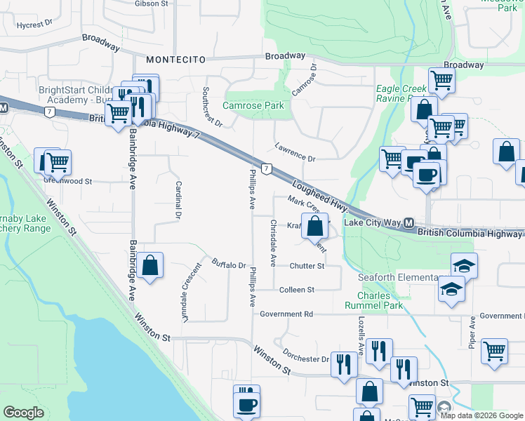 map of restaurants, bars, coffee shops, grocery stores, and more near 7389 Kraft Crescent in Burnaby