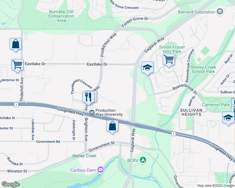 map of restaurants, bars, coffee shops, grocery stores, and more near 8555 Commerce Court in Burnaby