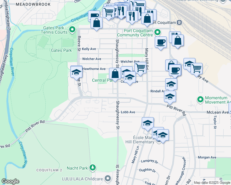map of restaurants, bars, coffee shops, grocery stores, and more near 2147 Shaughnessy Street in Port Coquitlam