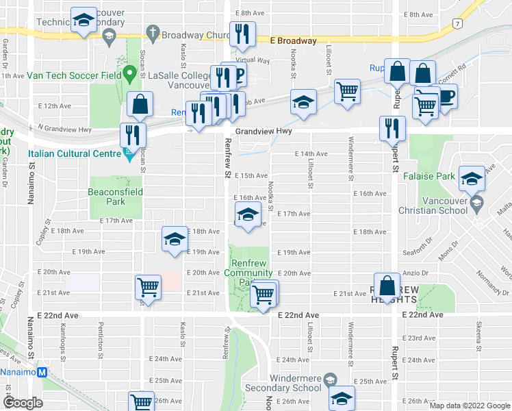 map of restaurants, bars, coffee shops, grocery stores, and more near in Vancouver