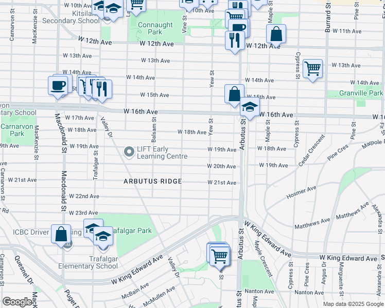 map of restaurants, bars, coffee shops, grocery stores, and more near in Vancouver