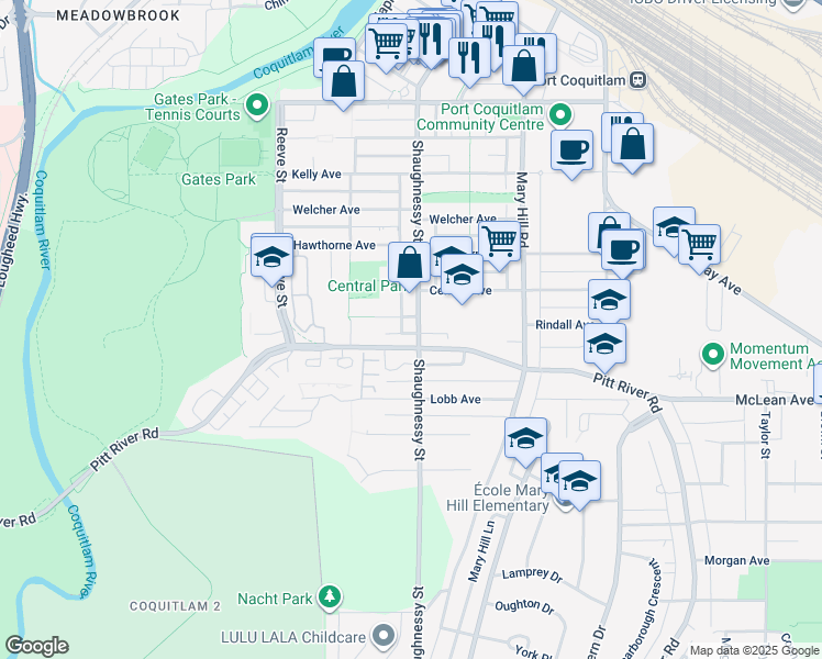 map of restaurants, bars, coffee shops, grocery stores, and more near 2147 Shaughnessy Street in Port Coquitlam