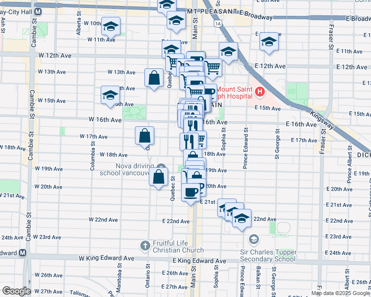 map of restaurants, bars, coffee shops, grocery stores, and more near 3333 Main Street in Vancouver
