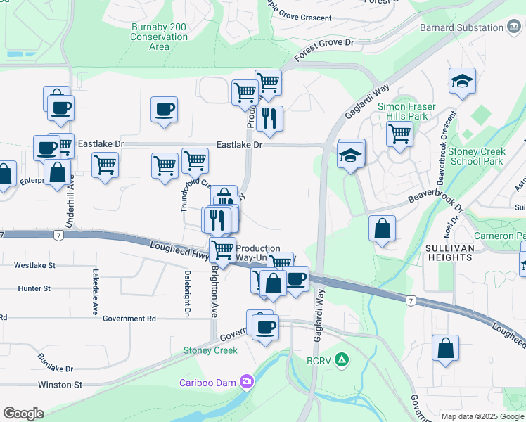 map of restaurants, bars, coffee shops, grocery stores, and more near 3100 Production Way in Burnaby