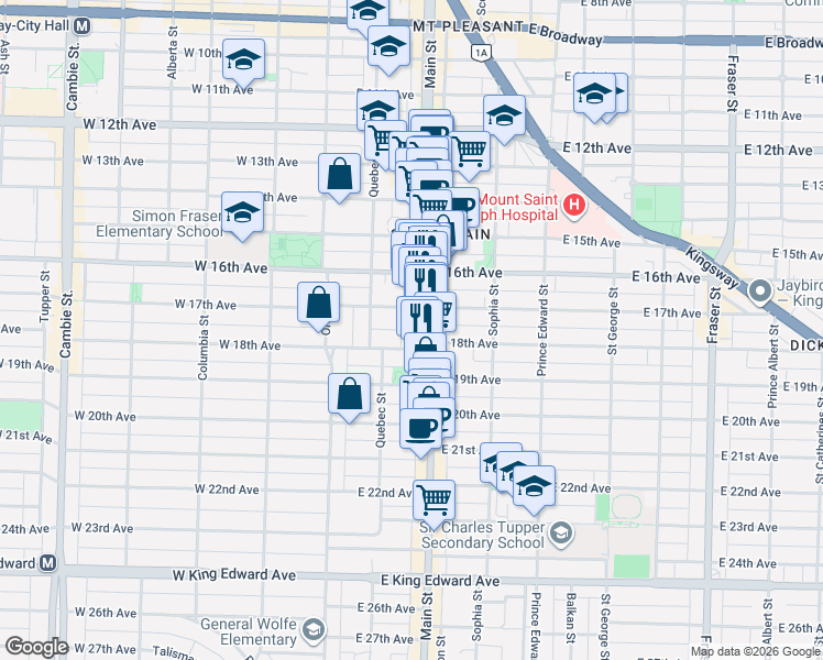 map of restaurants, bars, coffee shops, grocery stores, and more near 3333 Main Street in Vancouver
