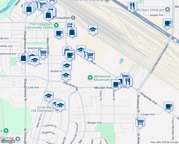 map of restaurants, bars, coffee shops, grocery stores, and more near 1952 Kingsway Avenue in Port Coquitlam