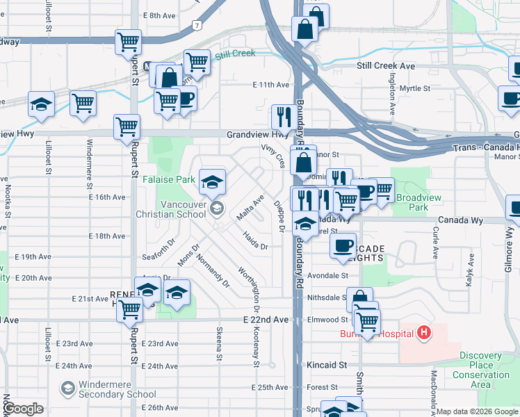 map of restaurants, bars, coffee shops, grocery stores, and more near 21 Malta Place in Vancouver