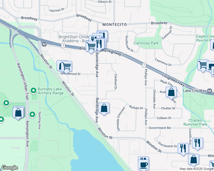 map of restaurants, bars, coffee shops, grocery stores, and more near 7158 Cardinal Court in Burnaby