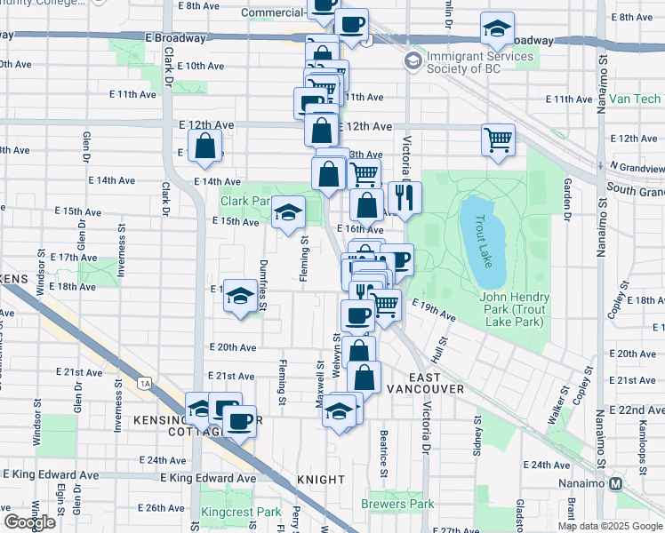 map of restaurants, bars, coffee shops, grocery stores, and more near 3295 Commercial Drive in Vancouver