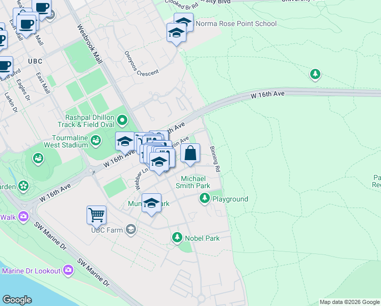 map of restaurants, bars, coffee shops, grocery stores, and more near 5728 Berton Avenue in Vancouver