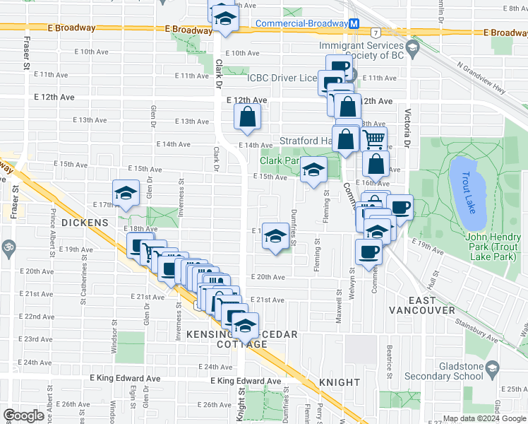 map of restaurants, bars, coffee shops, grocery stores, and more near 1438 East 17th Avenue in Vancouver