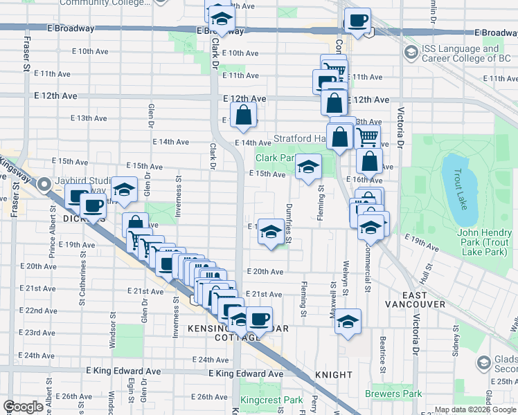 map of restaurants, bars, coffee shops, grocery stores, and more near 1438 East 17th Avenue in Vancouver