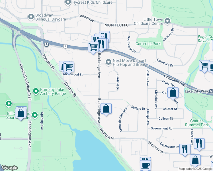 map of restaurants, bars, coffee shops, grocery stores, and more near 7148 Cardinal Court in Burnaby