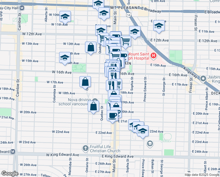 map of restaurants, bars, coffee shops, grocery stores, and more near 3333 Main Street in Vancouver