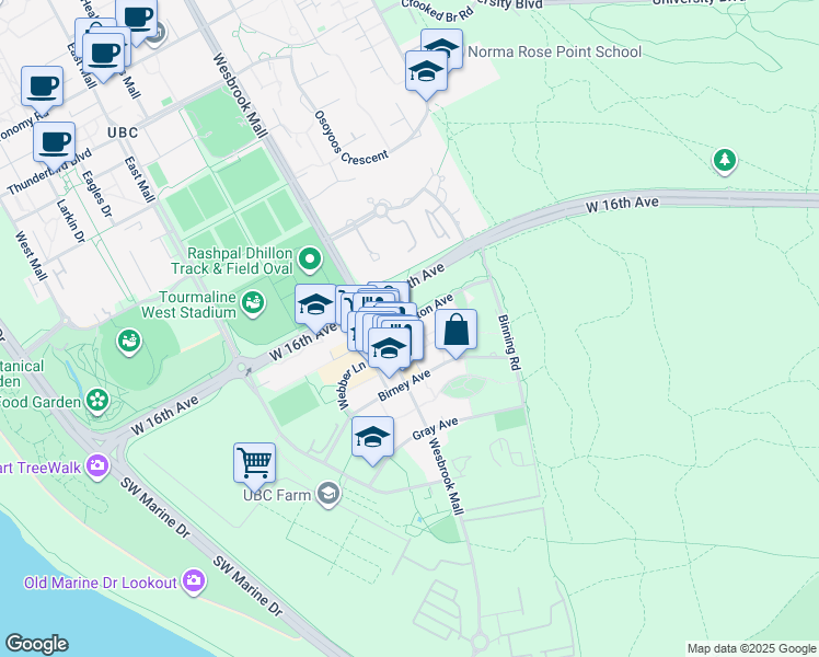 map of restaurants, bars, coffee shops, grocery stores, and more near 5838 Berton Avenue in Vancouver