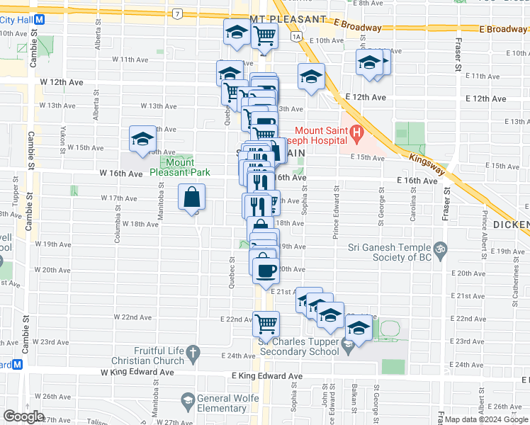 map of restaurants, bars, coffee shops, grocery stores, and more near 3368 Main Street in Vancouver