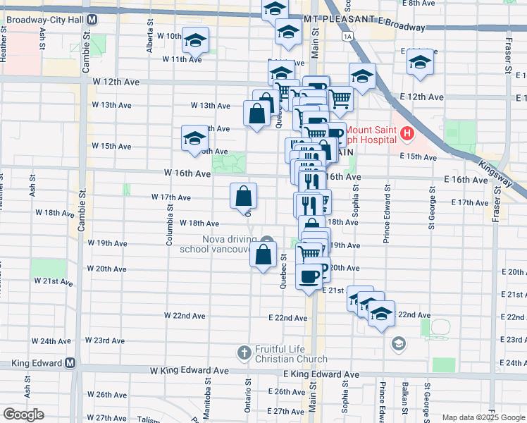 map of restaurants, bars, coffee shops, grocery stores, and more near in Vancouver