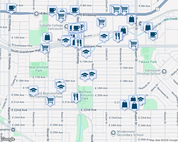 map of restaurants, bars, coffee shops, grocery stores, and more near 2978 East 16th Avenue in Vancouver