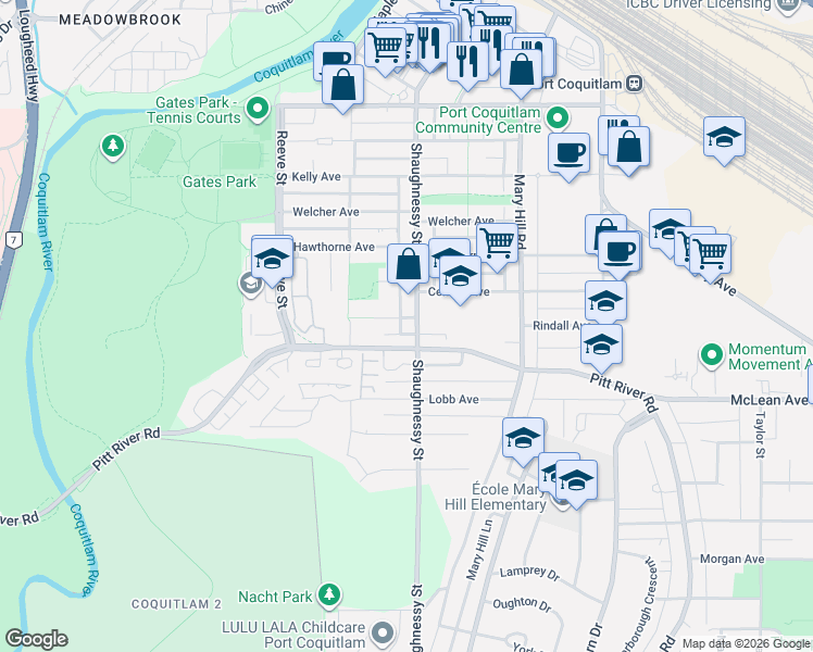 map of restaurants, bars, coffee shops, grocery stores, and more near 2149 Shaughnessy Street in Port Coquitlam