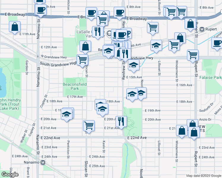 map of restaurants, bars, coffee shops, grocery stores, and more near 2836 East 16th Avenue in Vancouver