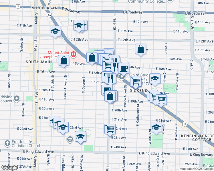 map of restaurants, bars, coffee shops, grocery stores, and more near in Vancouver