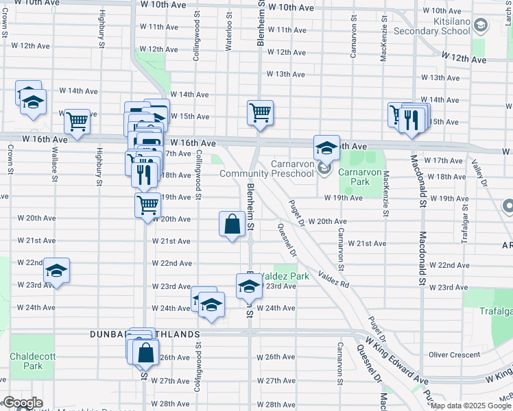 map of restaurants, bars, coffee shops, grocery stores, and more near 3532 Blenheim Street in Vancouver