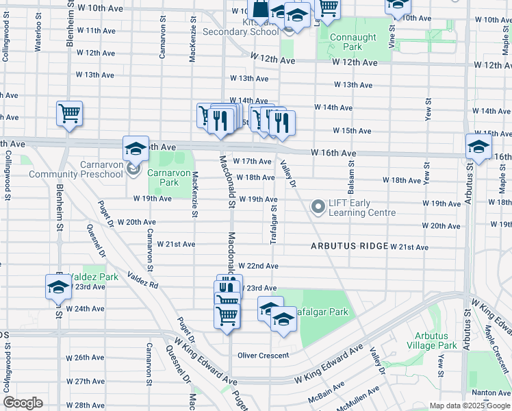map of restaurants, bars, coffee shops, grocery stores, and more near 2730 West 19th Avenue in Vancouver