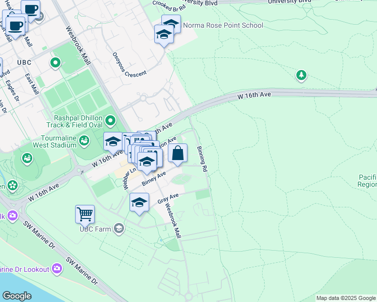 map of restaurants, bars, coffee shops, grocery stores, and more near 3355 Binning Road in Vancouver