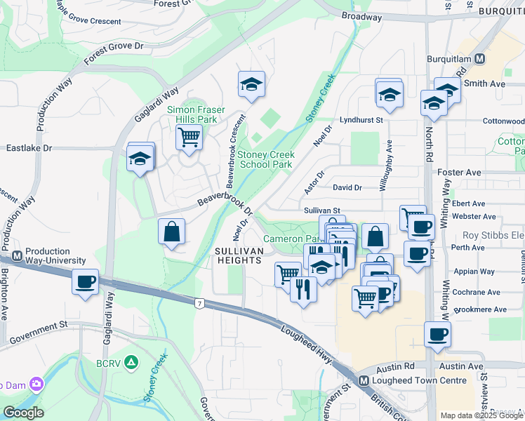 map of restaurants, bars, coffee shops, grocery stores, and more near 9300 Sullivan Street in Burnaby