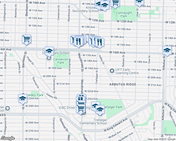 map of restaurants, bars, coffee shops, grocery stores, and more near 2750 West 19th Avenue in Vancouver