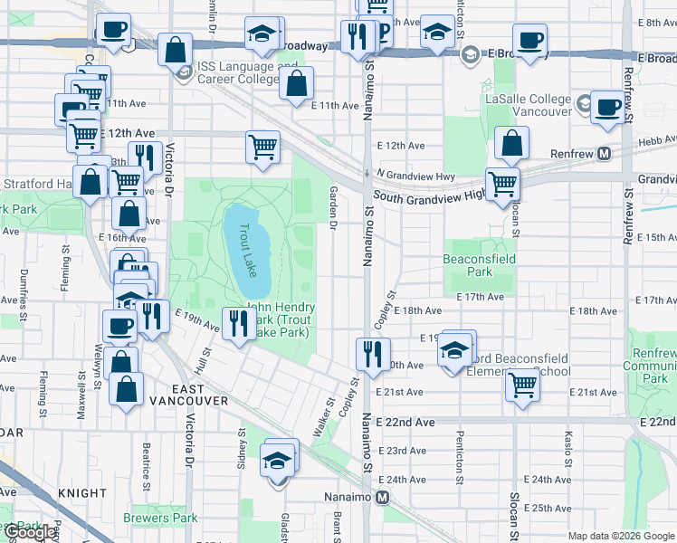 map of restaurants, bars, coffee shops, grocery stores, and more near 3290 Garden Drive in Vancouver